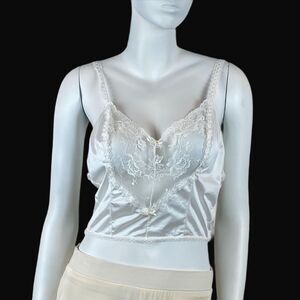 VTG White Lace Crop Cami Lingerie Tank Top Sheer Romantic Sexy Bridal Feminine